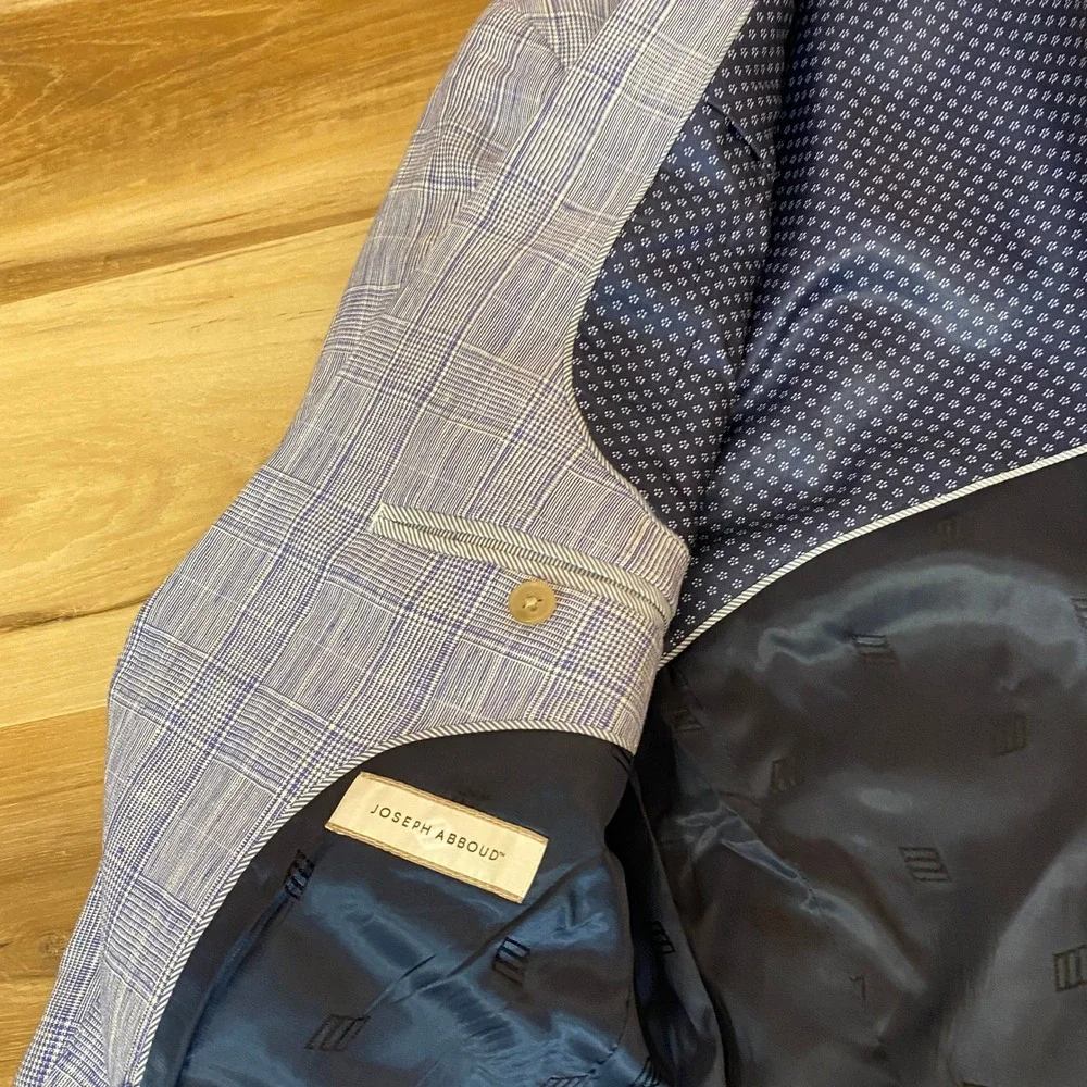 Joseph Abboud Mens Blazer 38 Regular Blue Plaid 100% Linen Two Button Coat